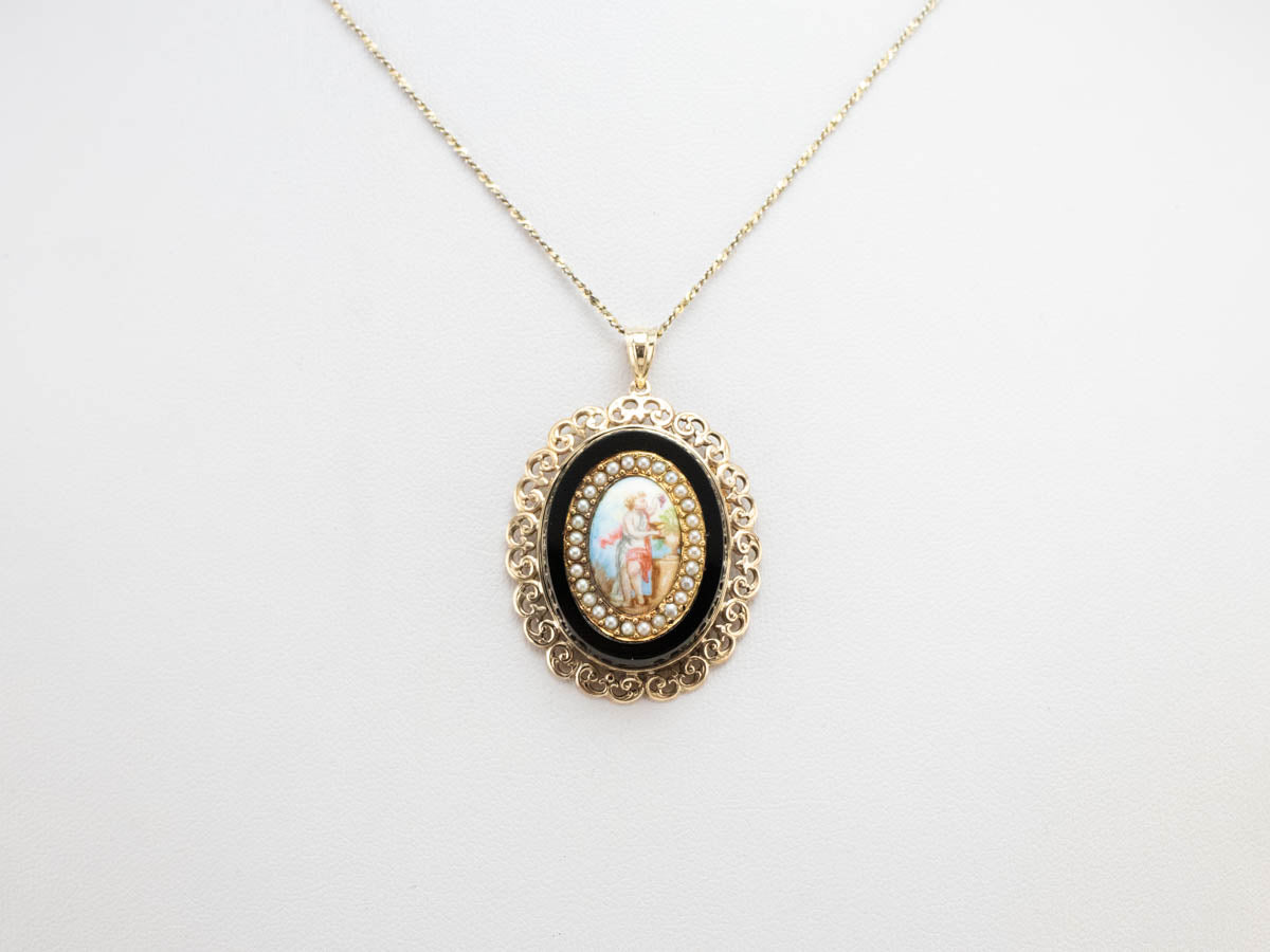 Ornate Painted Portrait Seed Pearl Onyx Filigree Pendant