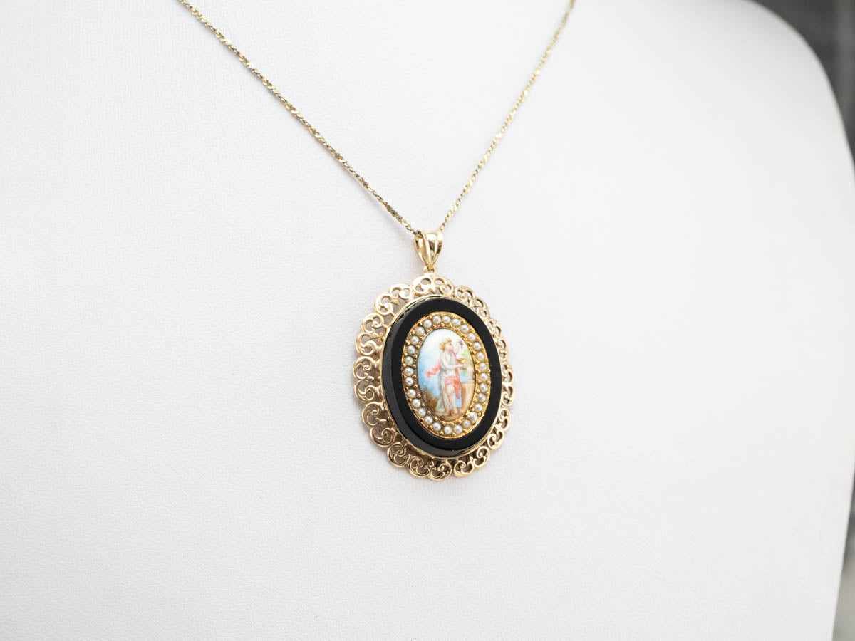 Ornate Painted Portrait Seed Pearl Onyx Filigree Pendant