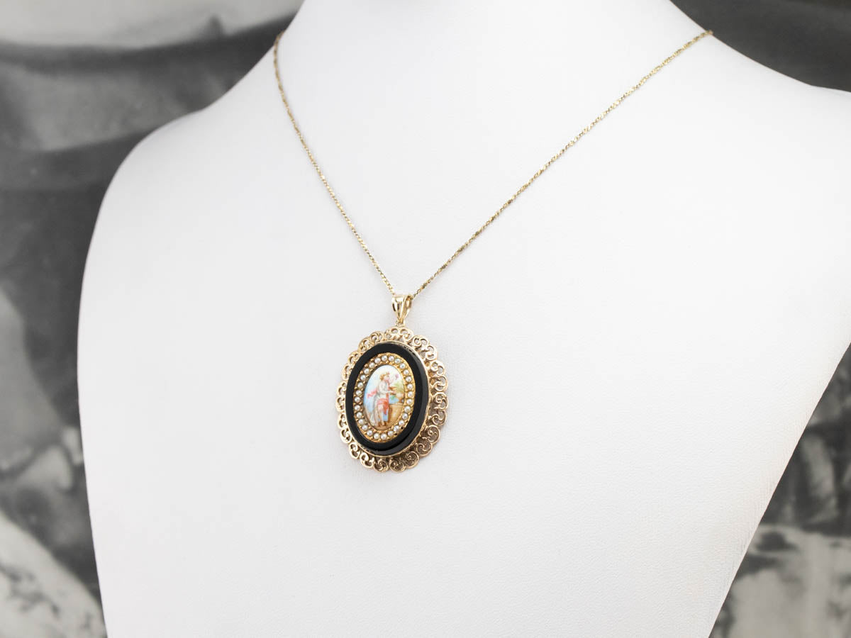 Ornate Painted Portrait Seed Pearl Onyx Filigree Pendant