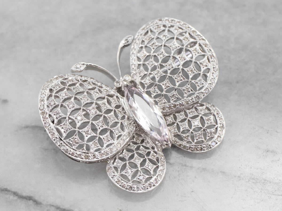 Platinum Morganite Diamond Butterfly Brooch