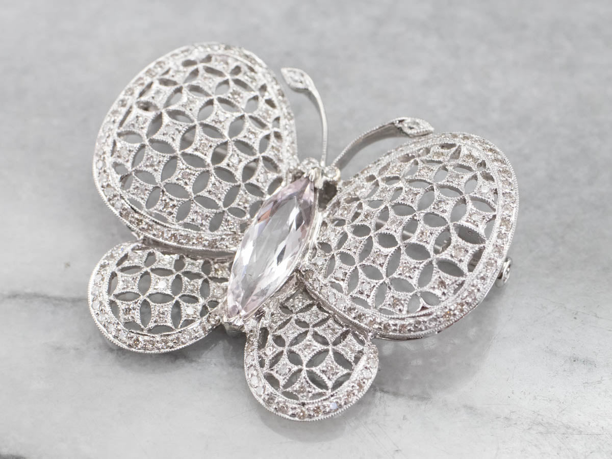 Platinum Morganite Diamond Butterfly Brooch
