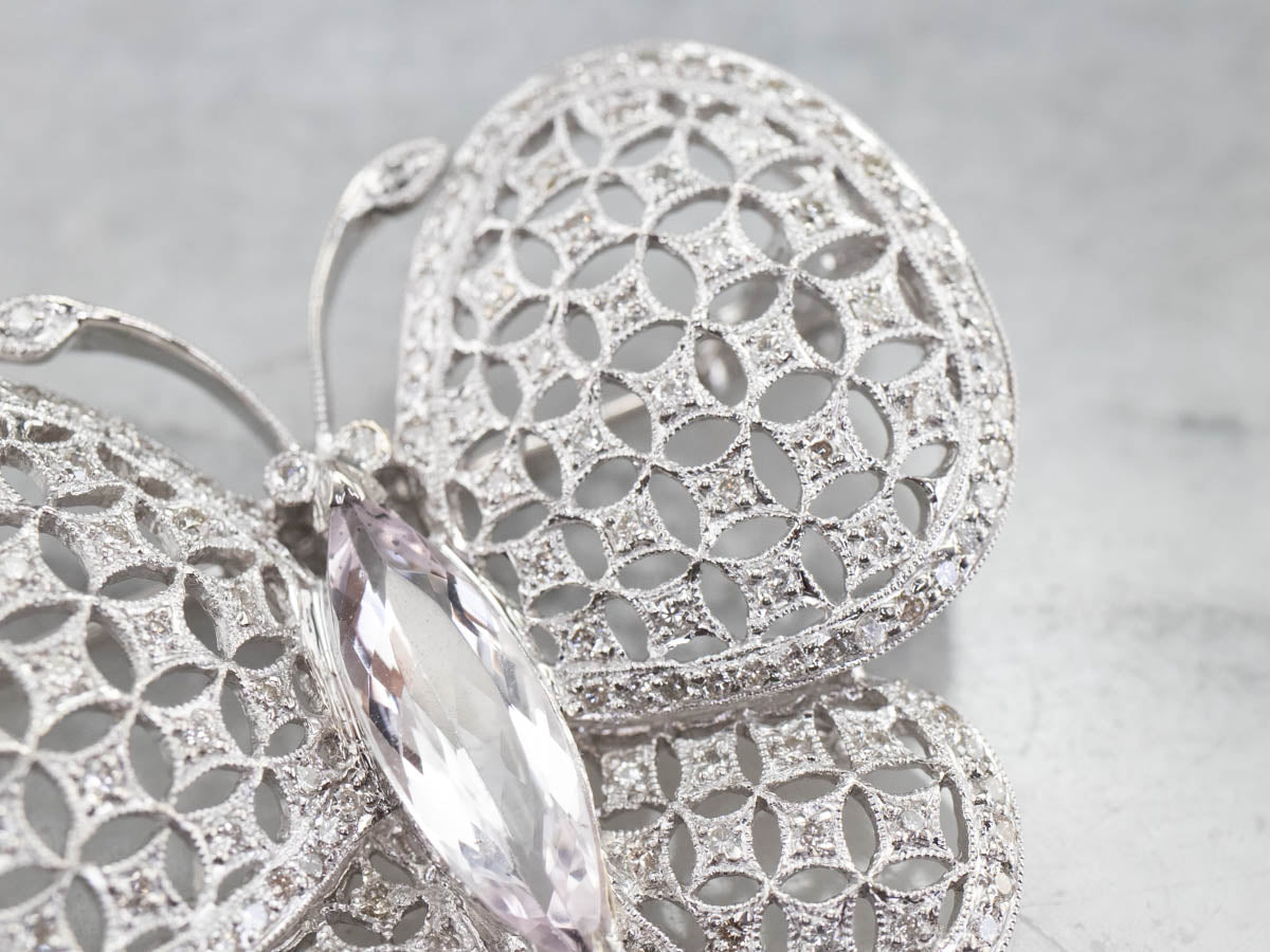 Platinum Morganite Diamond Butterfly Brooch