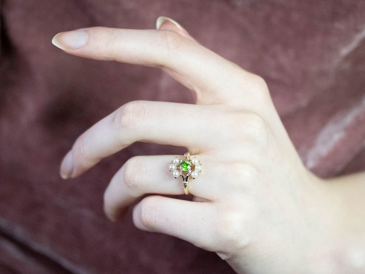 Vintage Demantoid Garnet and Pearl Dinner Ring