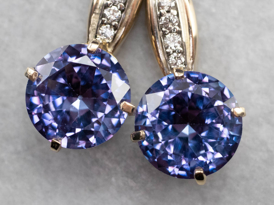Synthetic Alexandrite and Diamond Drop Earrings