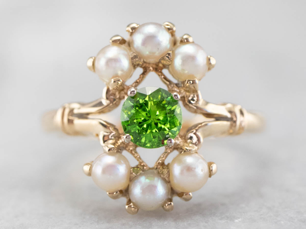 Vintage Demantoid Garnet and Pearl Dinner Ring