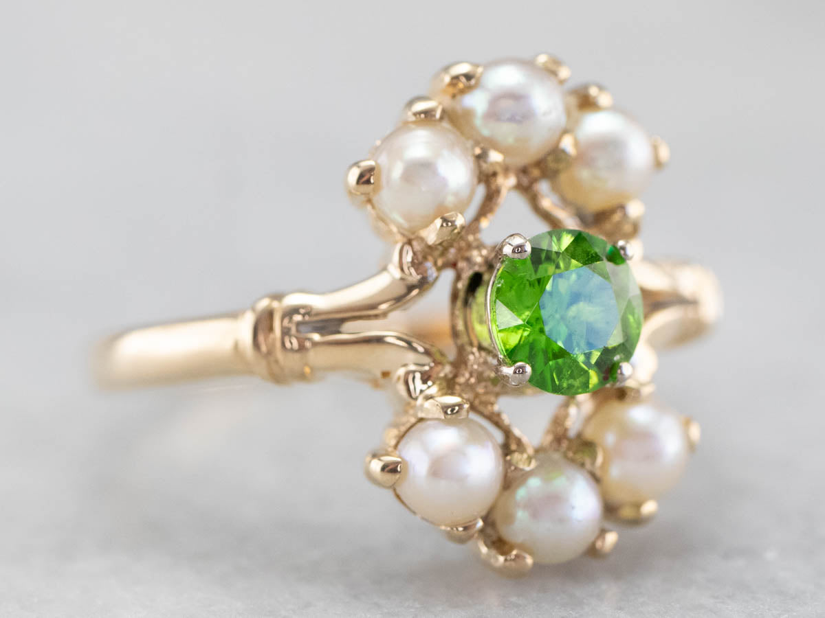 Vintage Demantoid Garnet and Pearl Dinner Ring