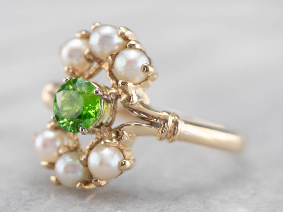 Vintage Demantoid Garnet and Pearl Dinner Ring