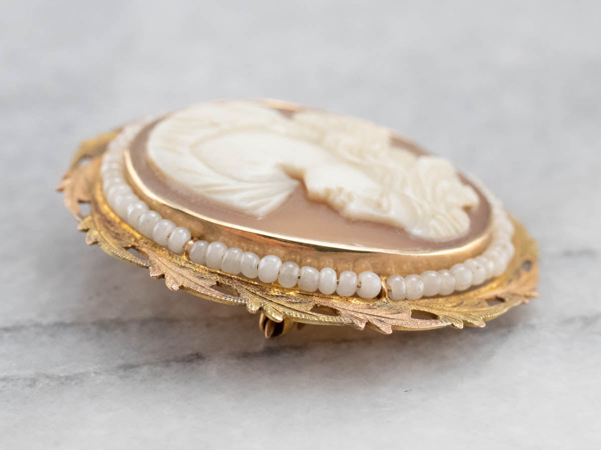 Antique Cam & Co Cameo and Seed Pearl Brooch