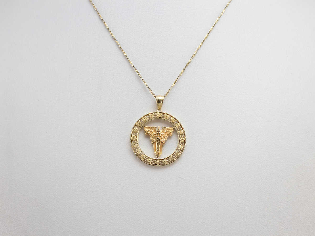 Antique Gold 1923 Caduceus Medical Pendant
