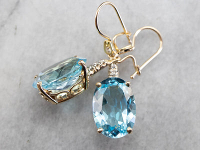 Gold Blue Topaz and Diamond Drop Earrings