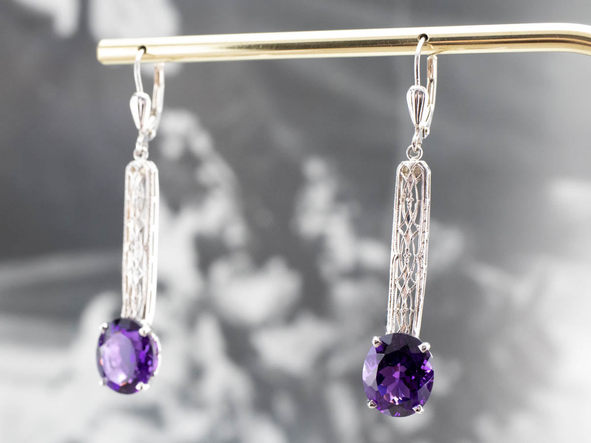 Pendientes colgantes de filigrana de amatista en oro blanco