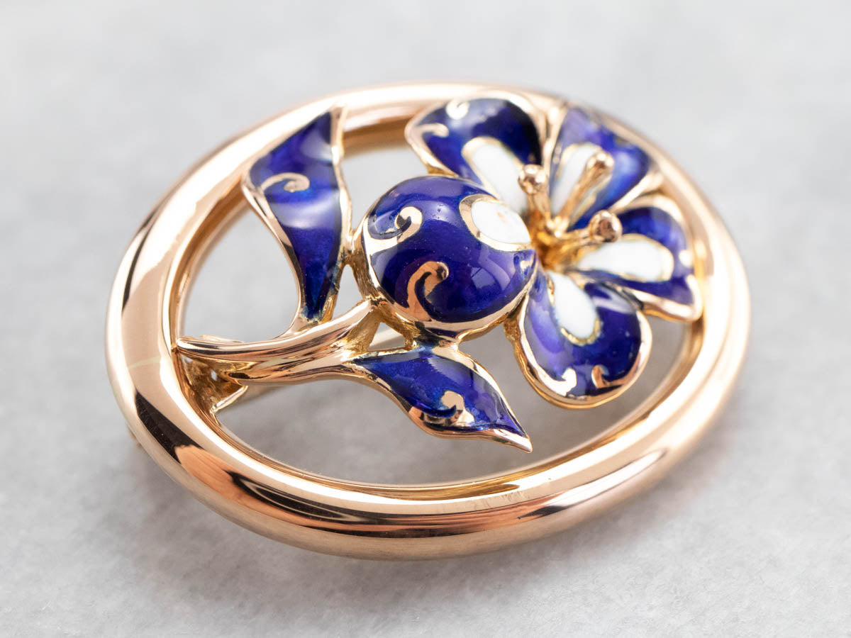 Gold Mid Century Enamel Flower Brooch