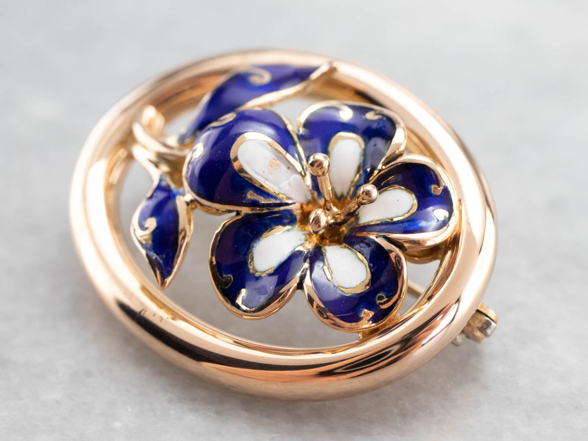 Gold Mid Century Enamel Flower Brooch