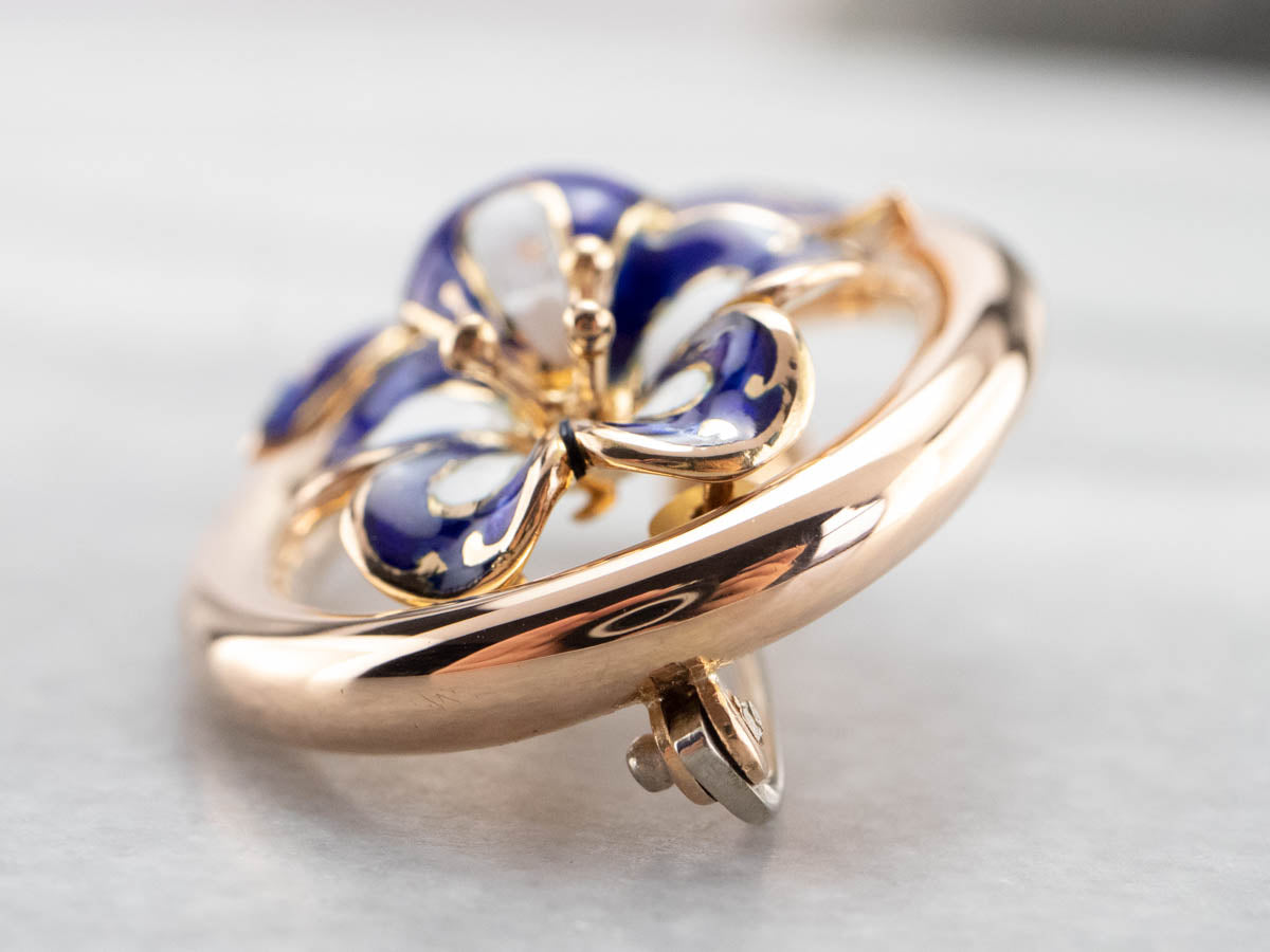 Gold Mid Century Enamel Flower Brooch