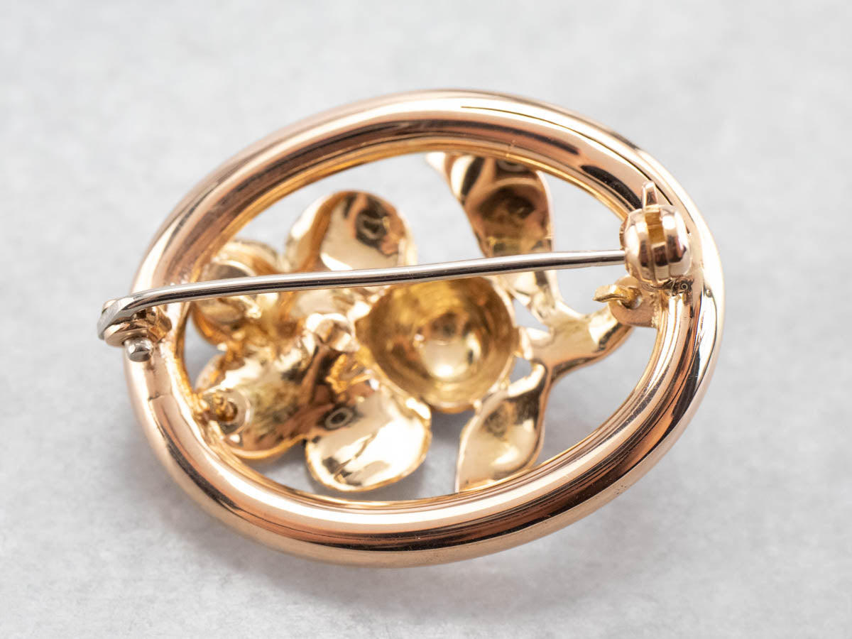 Gold Mid Century Enamel Flower Brooch