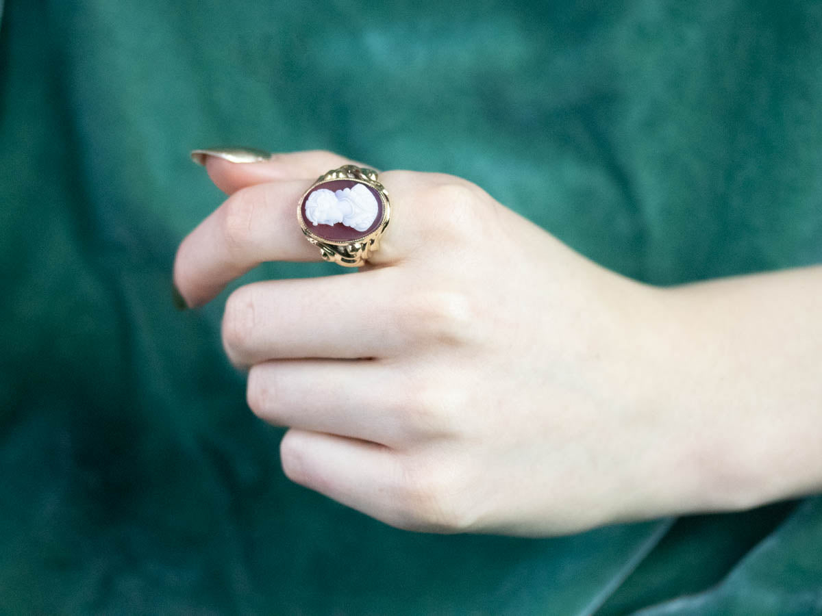 Ornate Sardonyx Cameo Gold Statement Ring