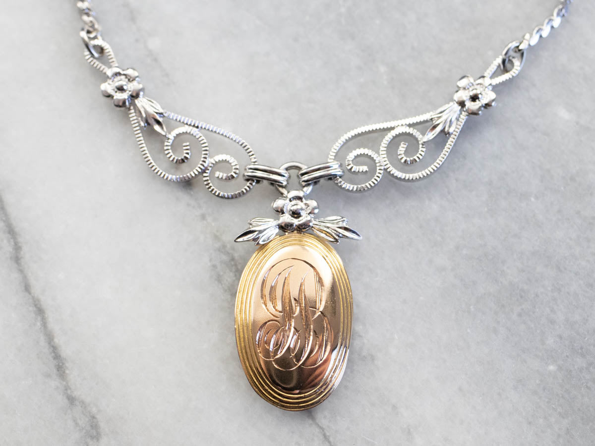 Mixed Metal Floral "JB" Signet Necklace