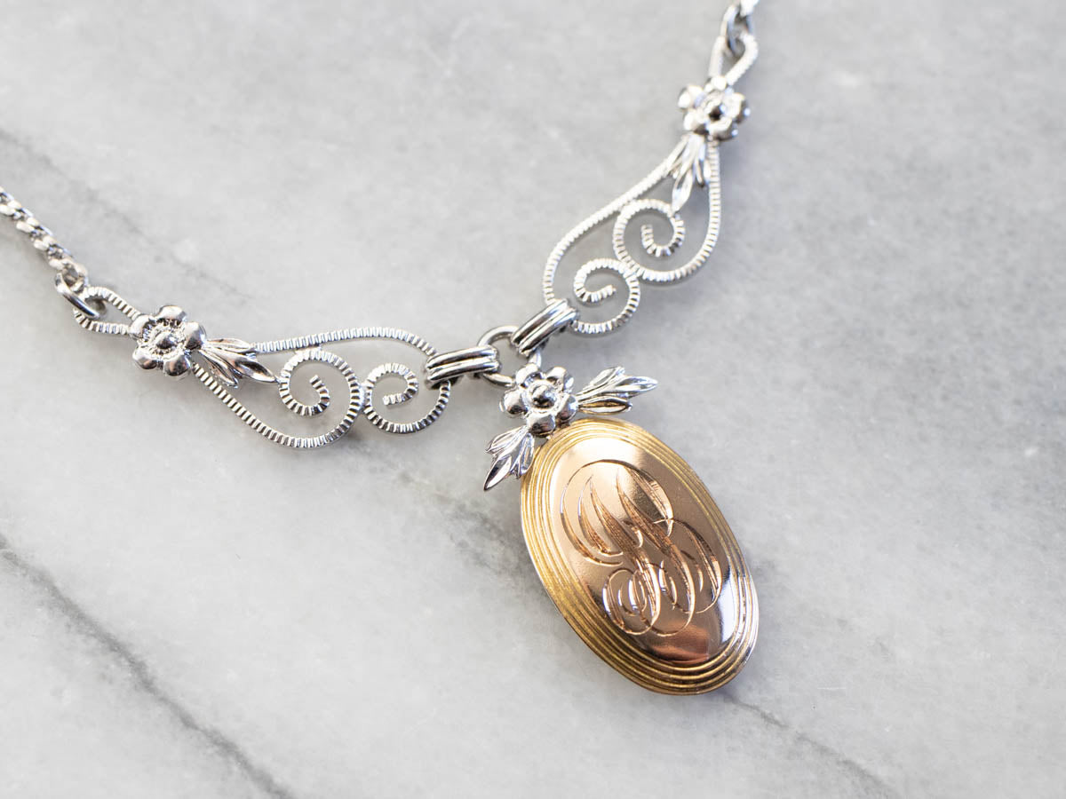Mixed Metal Floral "JB" Signet Necklace