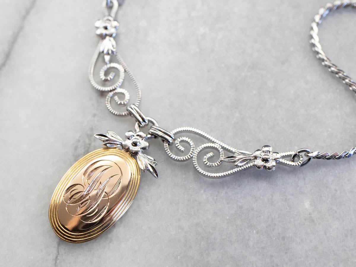 Mixed Metal Floral "JB" Signet Necklace