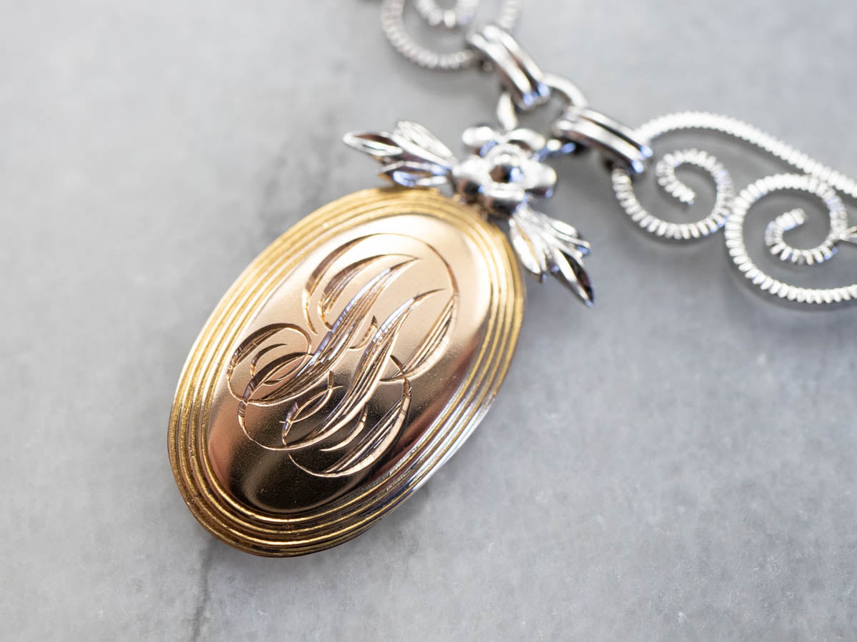Mixed Metal Floral "JB" Signet Necklace