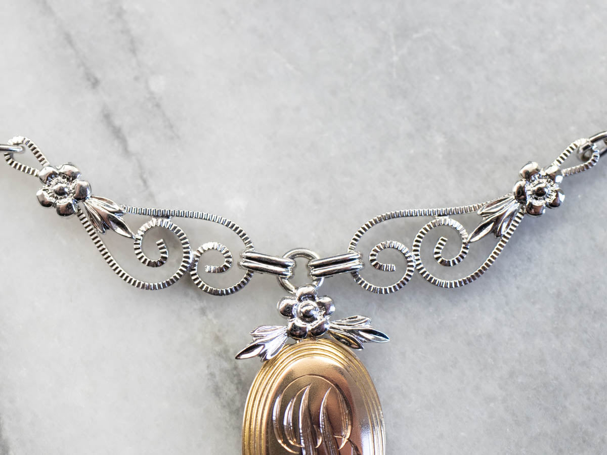 Mixed Metal Floral "JB" Signet Necklace