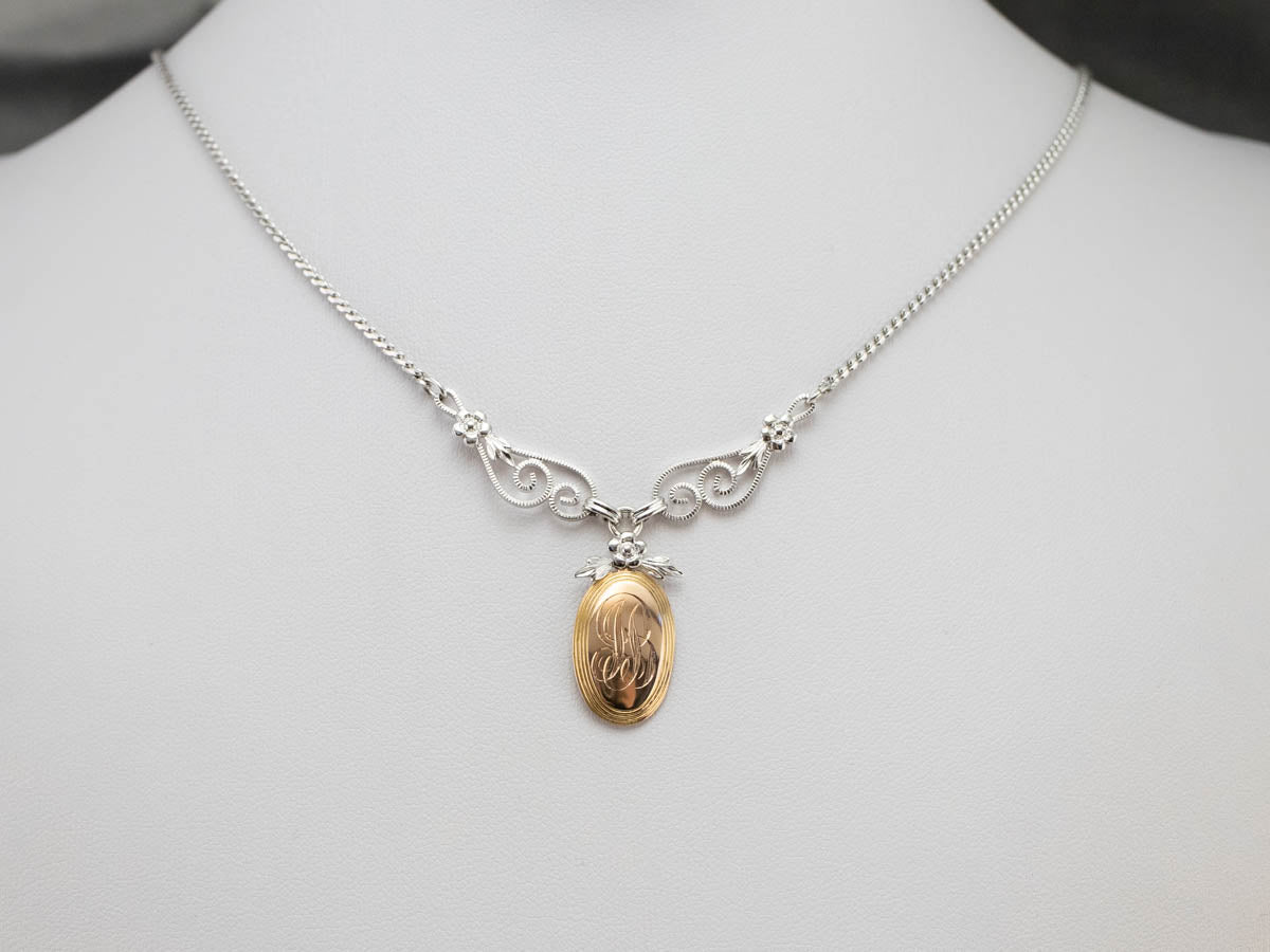Mixed Metal Floral "JB" Signet Necklace