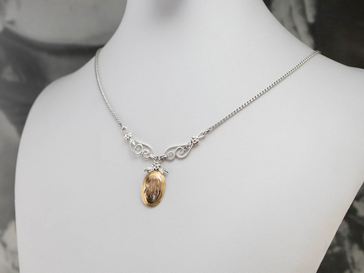 Mixed Metal Floral "JB" Signet Necklace