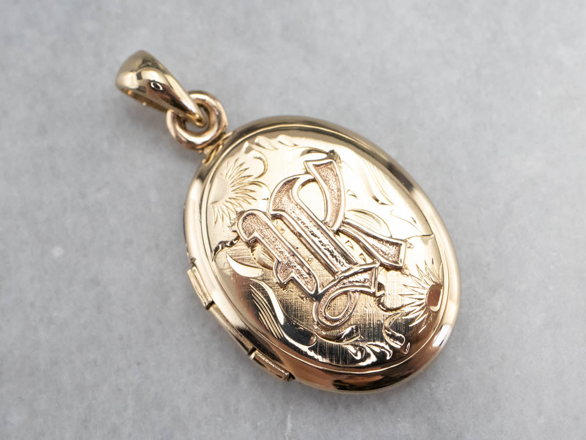 Floral Monogrammed "R" Gold Locket