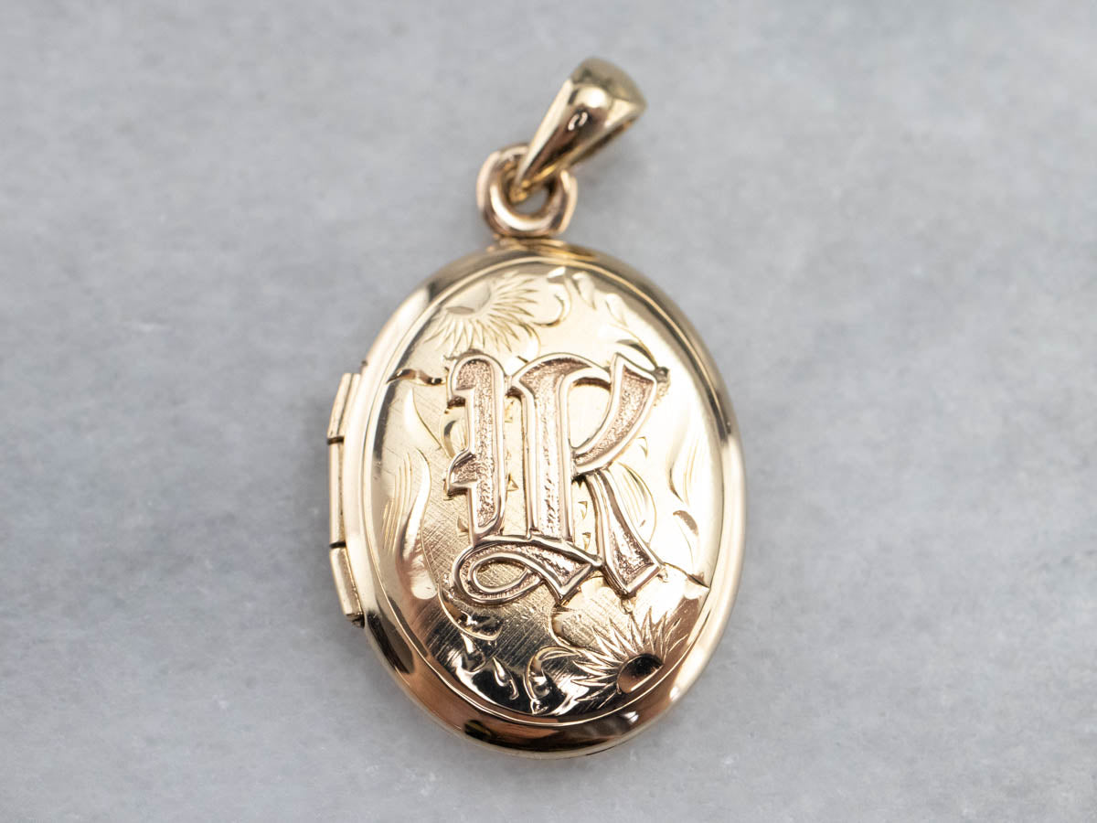 Floral Monogrammed "R" Gold Locket