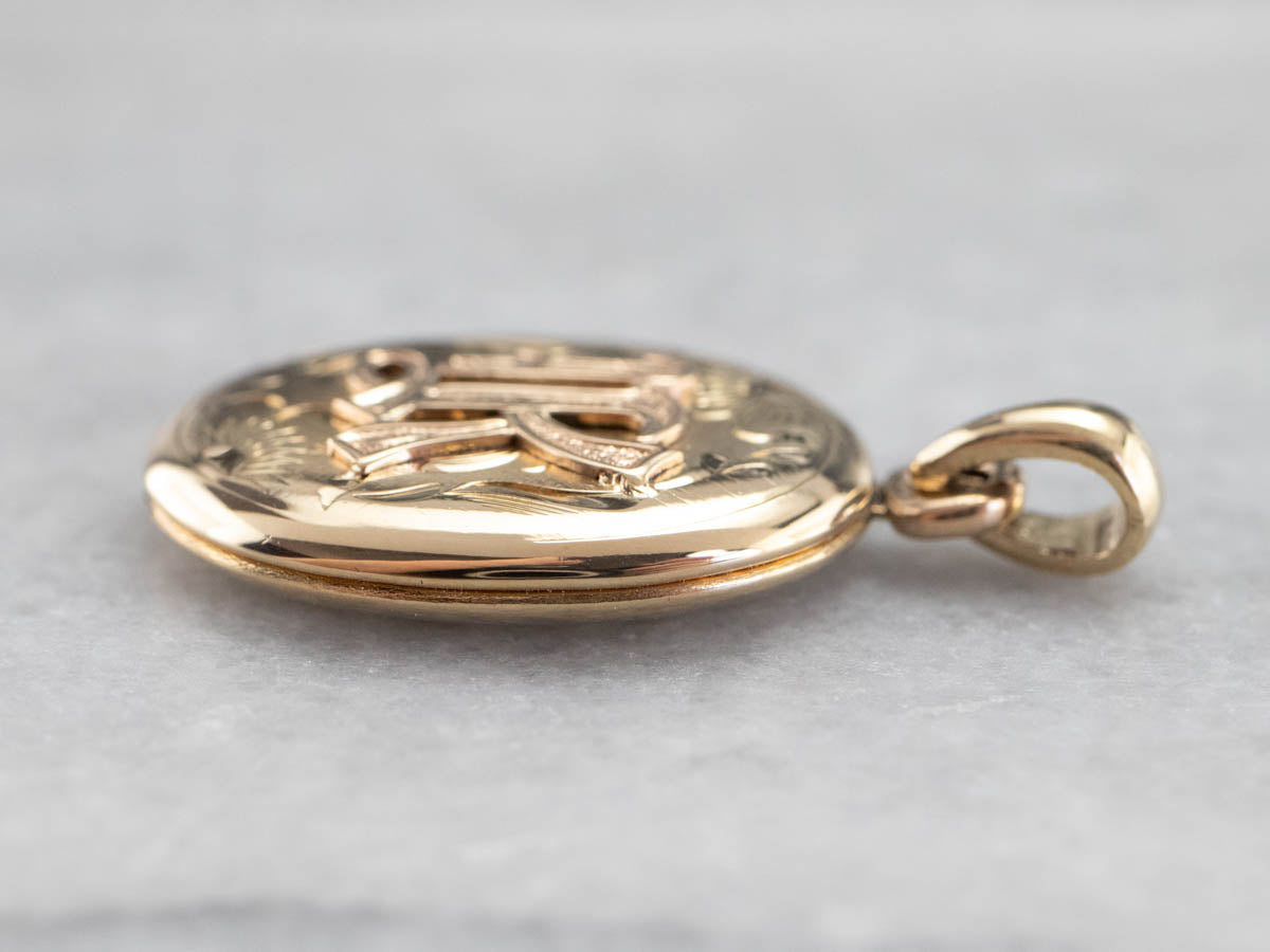 Floral Monogrammed "R" Gold Locket