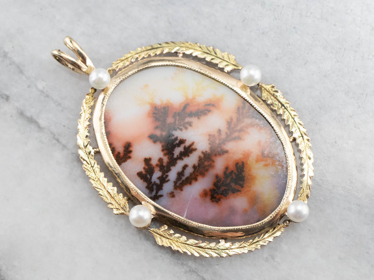 Dendritic Agate Pearl Gold Statement Pendant