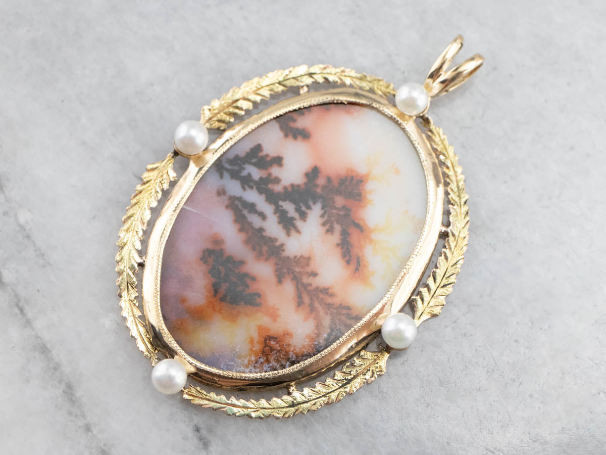 Dendritic Agate Pearl Gold Statement Pendant