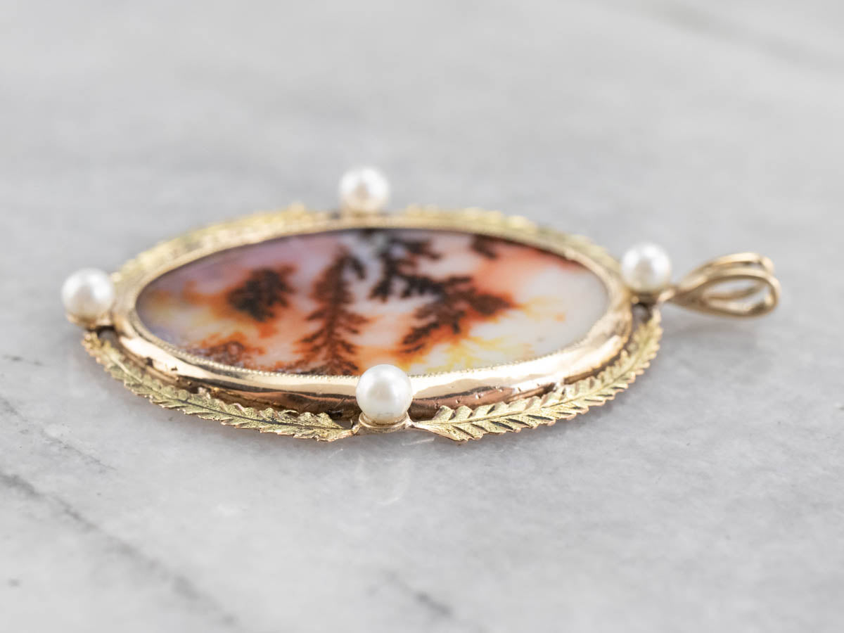 Dendritic Agate Pearl Gold Statement Pendant