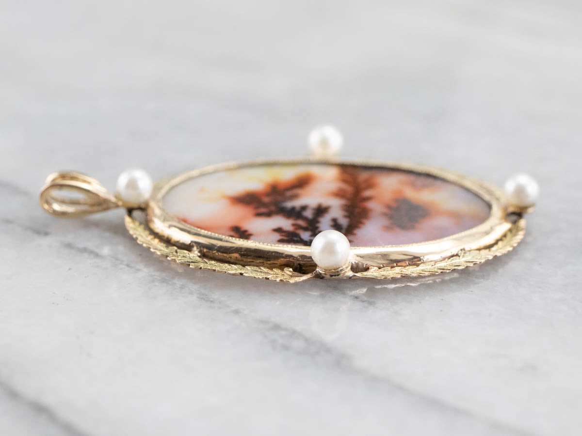 Dendritic Agate Pearl Gold Statement Pendant