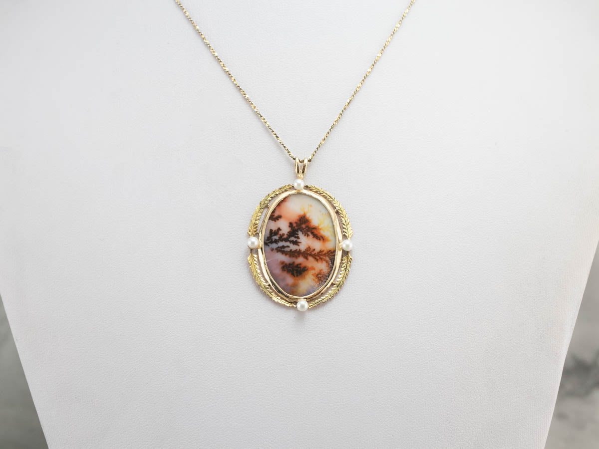 Dendritic Agate Pearl Gold Statement Pendant