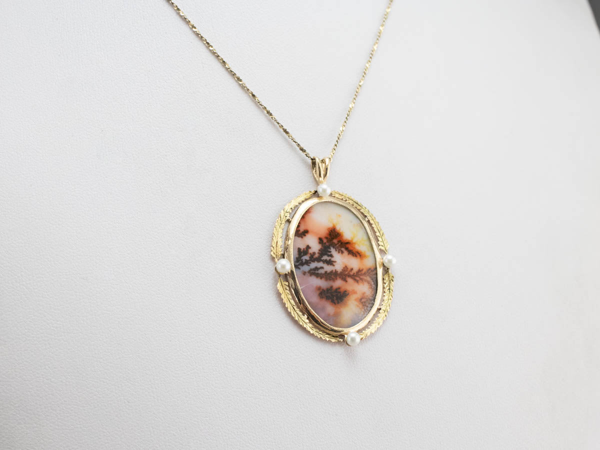 Dendritic Agate Pearl Gold Statement Pendant