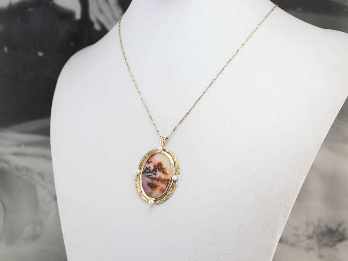 Dendritic Agate Pearl Gold Statement Pendant