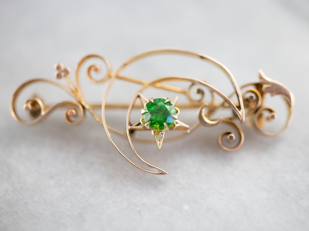 Art Nouveau Demantoid Garnet Crescent Moon Brooch