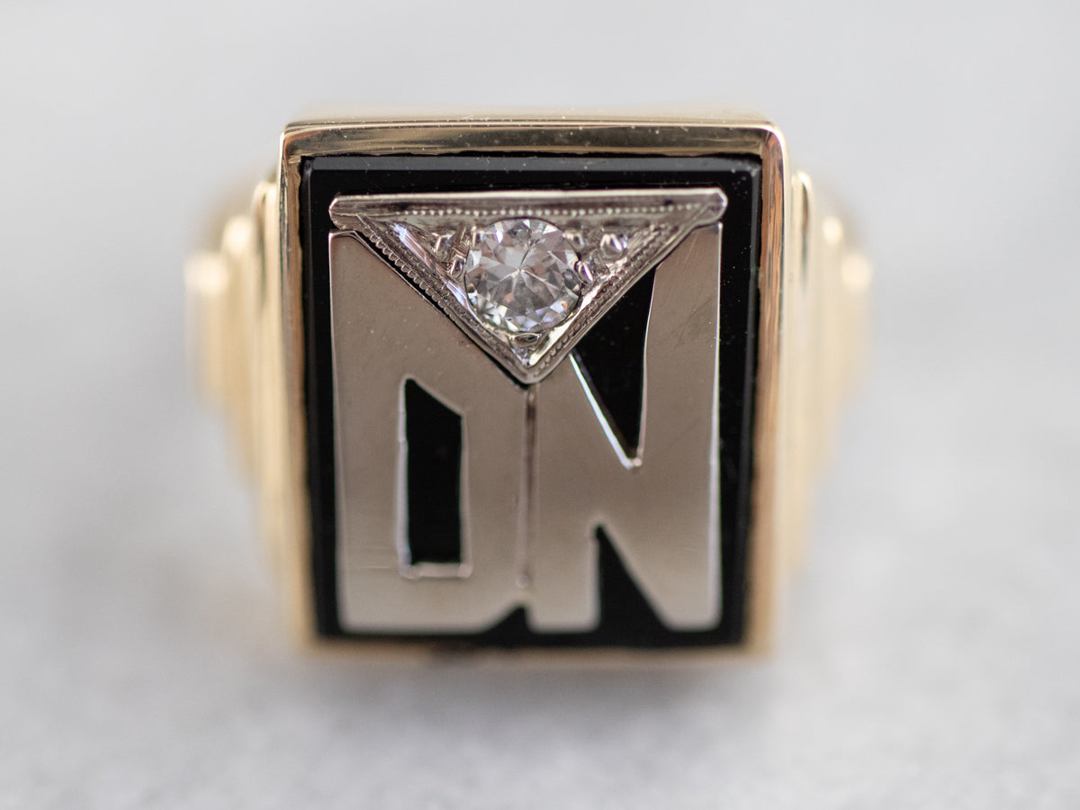 Anillo de sello "DN" retro de diamantes y ónix para hombre,
