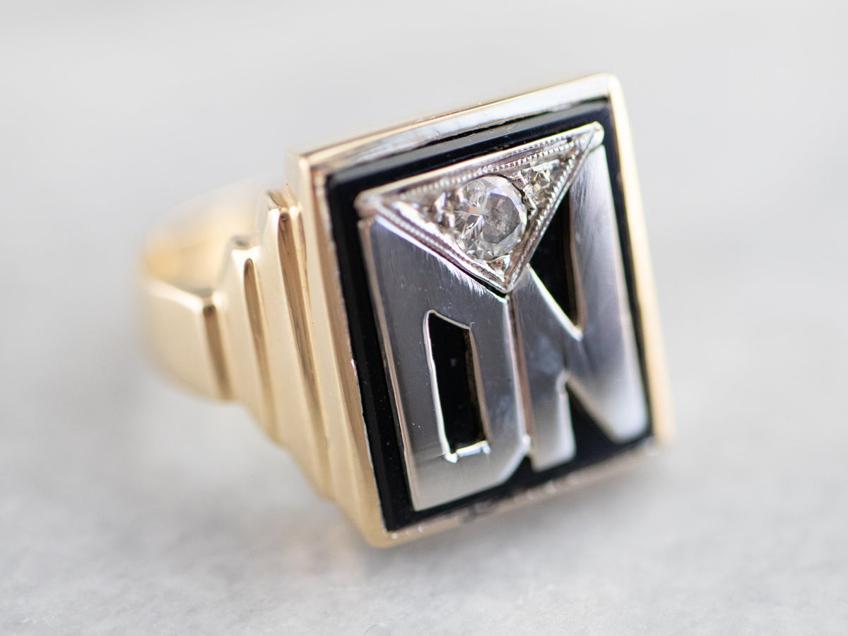 Anillo de sello "DN" retro de diamantes y ónix para hombre,