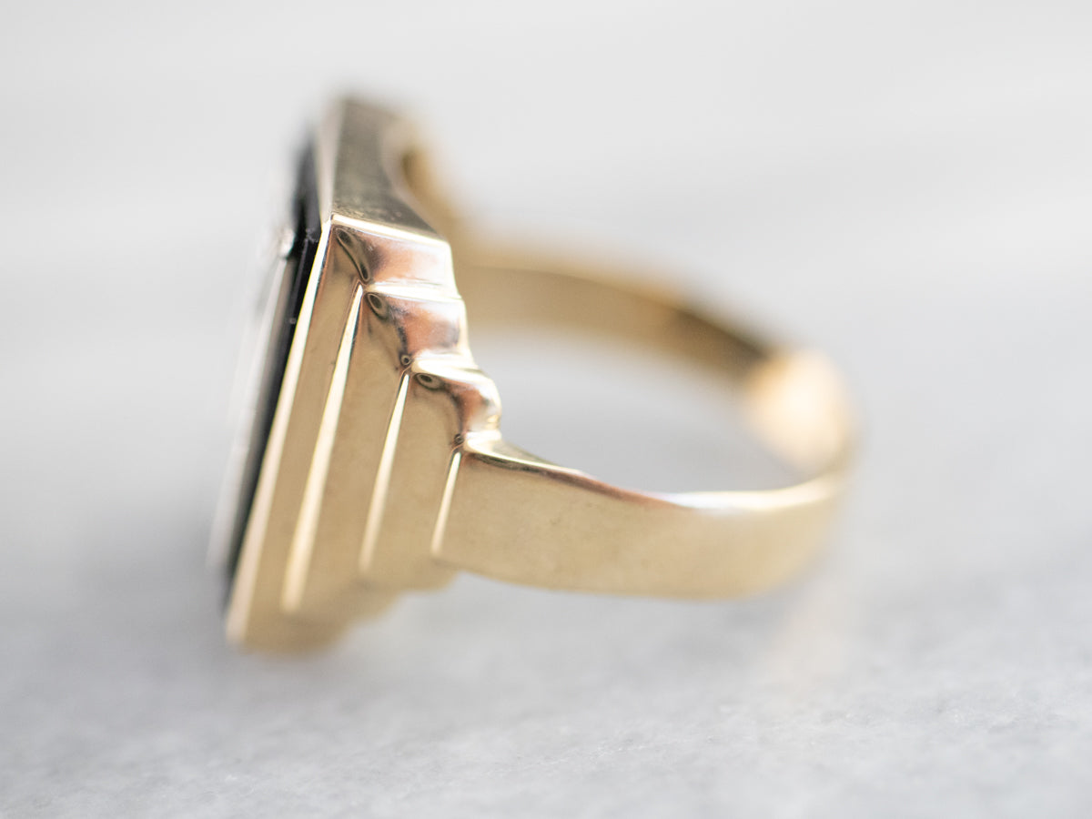 Anillo de sello "DN" retro de diamantes y ónix para hombre,