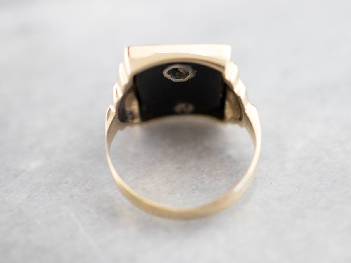 Anillo de sello "DN" retro de diamantes y ónix para hombre,