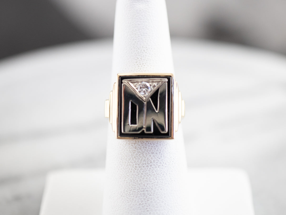 Anillo de sello "DN" retro de diamantes y ónix para hombre,