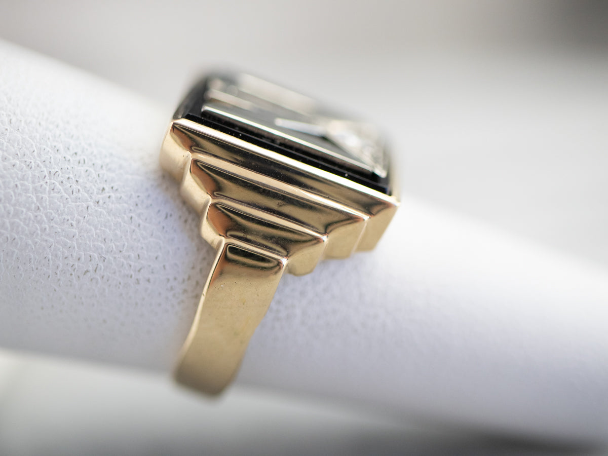 Anillo de sello "DN" retro de diamantes y ónix para hombre,