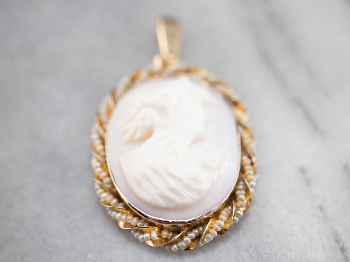 Antique Pink Shell Cameo and Seed Pearl Pendant