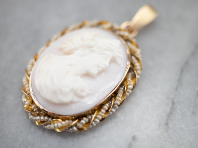 Antique Pink Shell Cameo and Seed Pearl Pendant