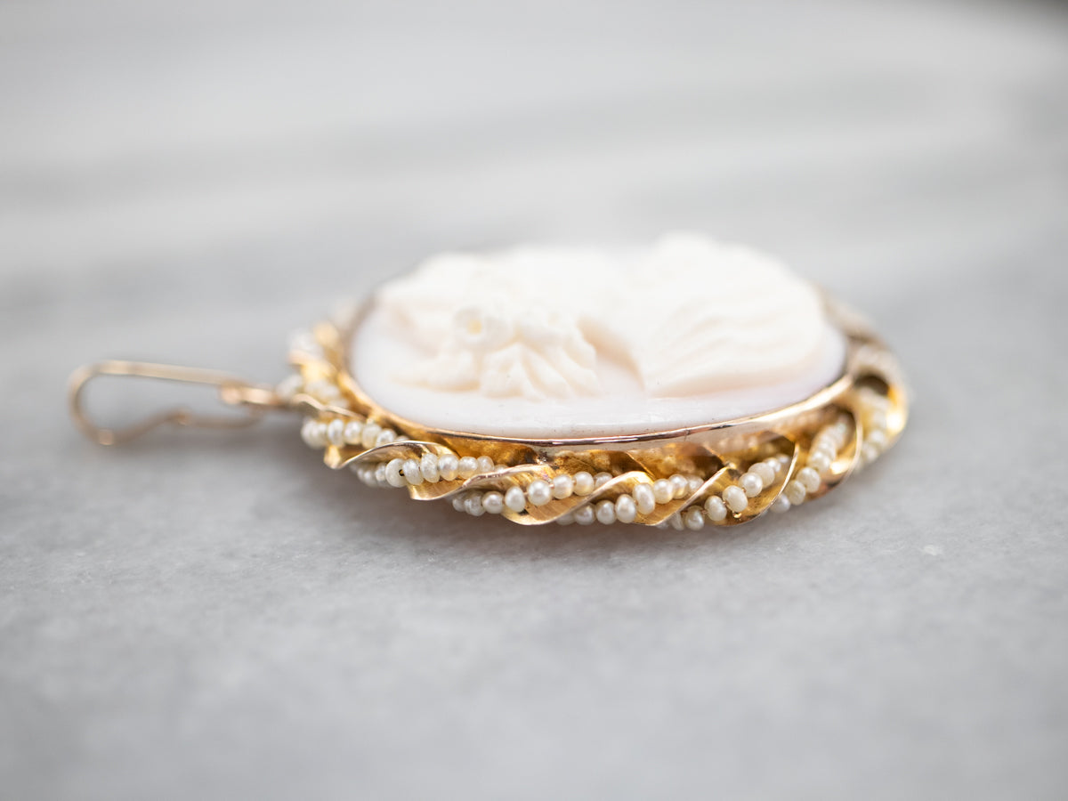 Antique Pink Shell Cameo and Seed Pearl Pendant