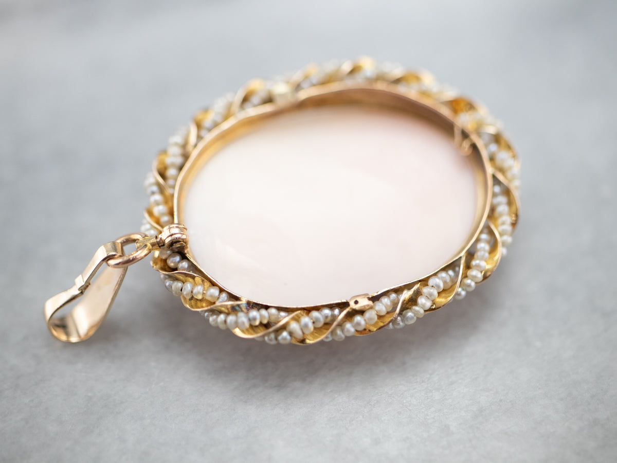Antique Pink Shell Cameo and Seed Pearl Pendant