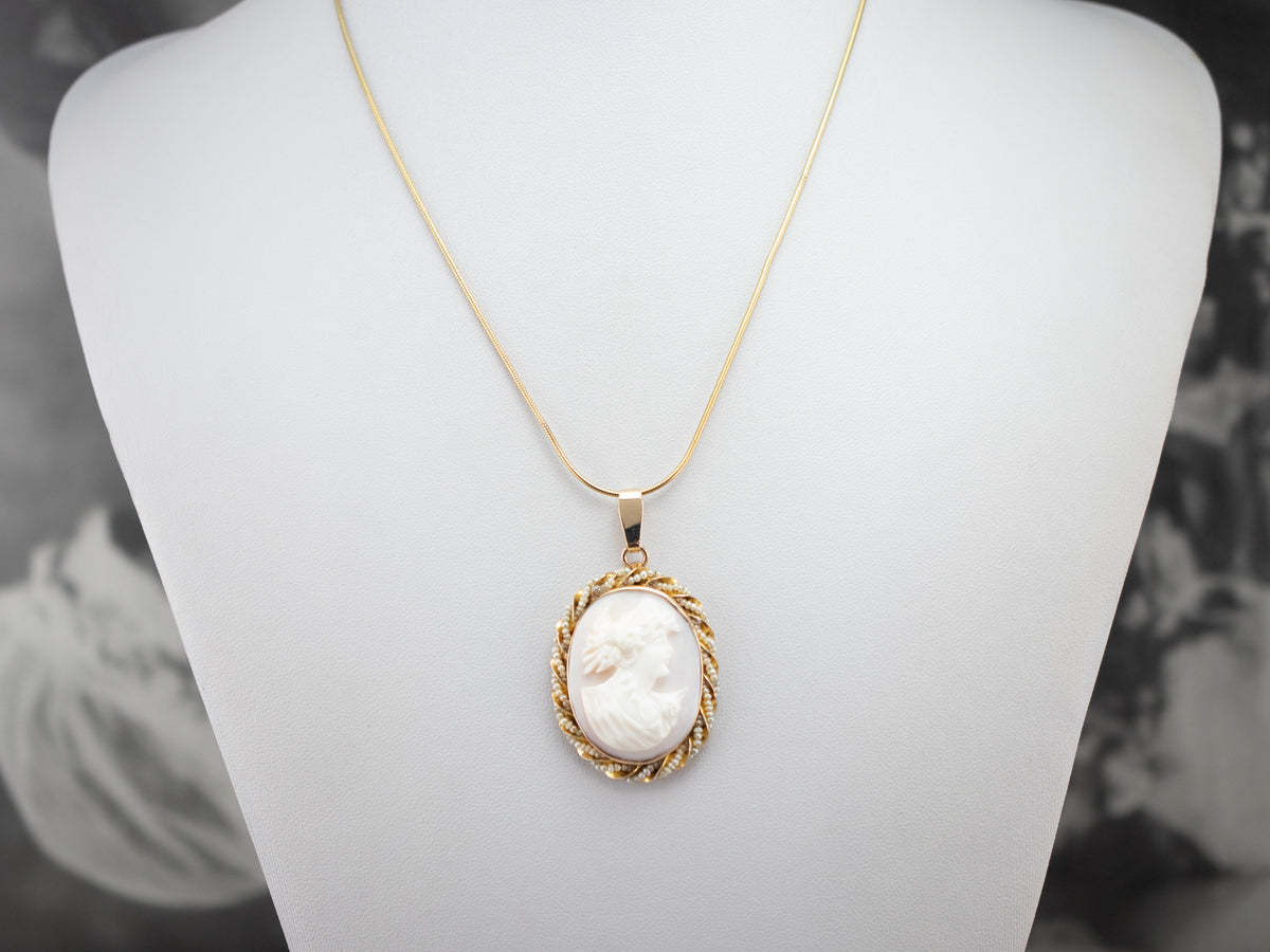 Antique Pink Shell Cameo and Seed Pearl Pendant