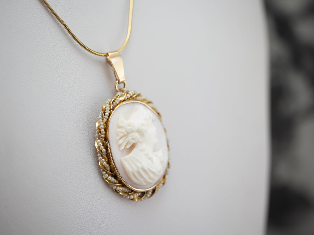 Antique Pink Shell Cameo and Seed Pearl Pendant
